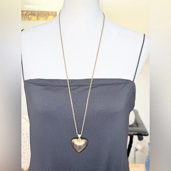 Vintage Gold Tone Puffy Heart Pendant Necklace Rope Chain 24” - Picture 1 of 12